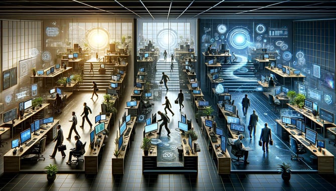 DALL·E 2024-02-02 11_51_55 - A sequence of three images, each representing a distinct phase of digital transformation within a business context, forma